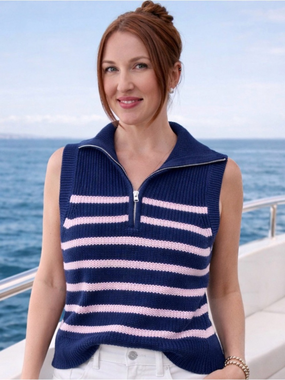 English Factory Navy and Pink Striped Zip-Up Sweater Vest